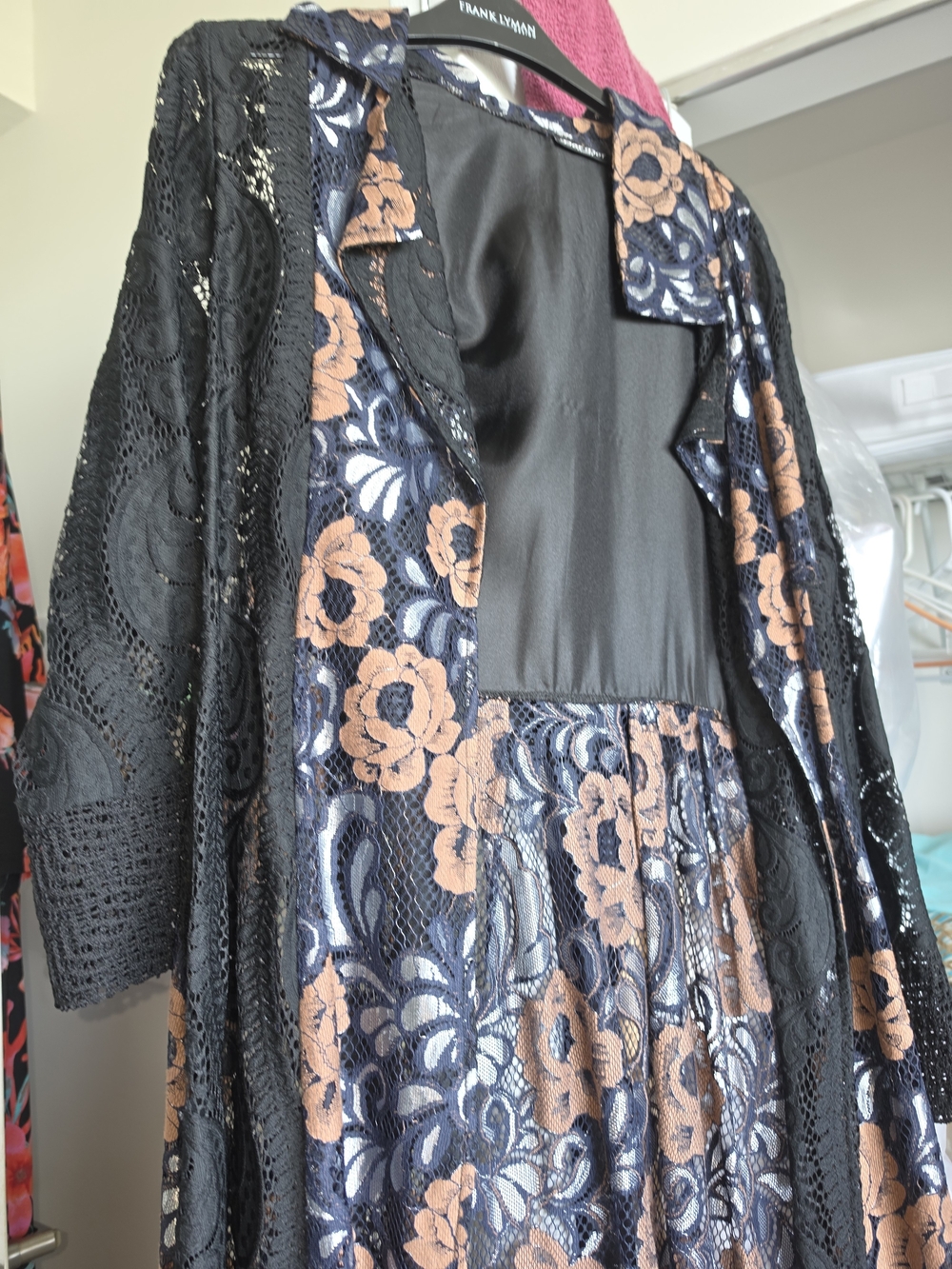 Black Lace Jacket with Blue, Brown And Silver  Floral Embroidery